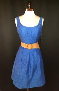 NEW NINE WEST Size 12 A-Line Dress Blue Floral Sleeveless Belt Pockets - Picture 1 of 5