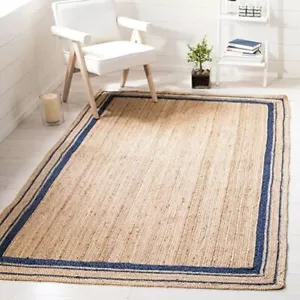 Natural Rectangle Jute Rug  Handmade Area /Floor Rug for Home Decor- Beige+Blue - Picture 1 of 5