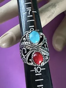NEW CAROLYN POLLACK AMERICAN WEST RED CORAL TURQUOISE VINE LEAF BOLD RING Sz 10 - Picture 1 of 7