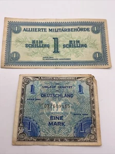 WW2 Alleati moneta militare 1 scellino e un marco 2x banconote 1944 - Foto 1 di 11