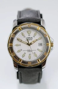 Lorus Sports Watch Men Stainless Silver Gold 50m Leather Gray Date White Quartz - Picture 1 of 6
