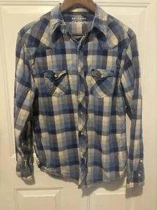 Arizona Jean Company Blue Black Western Pearl Snap Button Up Shirt Medium - Picture 1 of 10