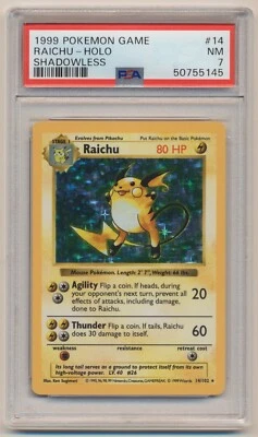PSA 7 Pokemon SHADOWLESS Base Set Holo Rare Raichu 14/102 NEAR MINT!! - Image 1 of 2