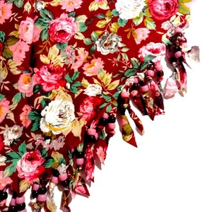 Vintage Floral Roses Scarf Handkerchief Wrap Bandana Beaded Maroon Red Handmade - Picture 1 of 6