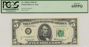 1969 $5 Federal Reserve Note FR# 1969-G PCGS Currency Gem 65PPQ - Picture 1 of 2