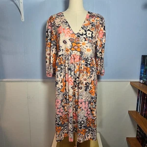 Vestido informal marca exclusiva mediano rosa naranja estampado años 70 cuello en V manga 3/4 - Imagen 1 de 9