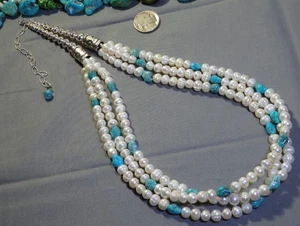 NAVAJO PEARLS Fresh Water Pearls SONORAN TURQUOISE Sterling Silver 27" Necklace - Picture 1 of 10