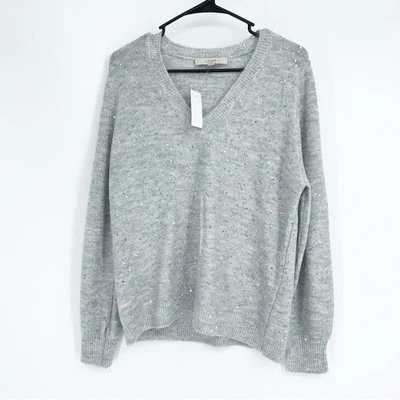 Nuevo con etiquetas Suéter Loft Gris Plateado Metálico Cuello en V Lentejuelas Talla Mediana Foto 1 de 4