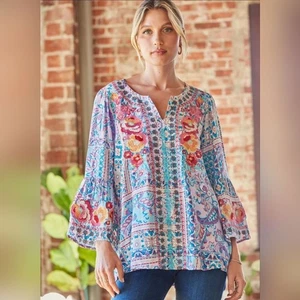 Andree By Unit Boho Blumen bestickt Tunika Top Glockenärmel Größe 1X - Bild 1 von 7