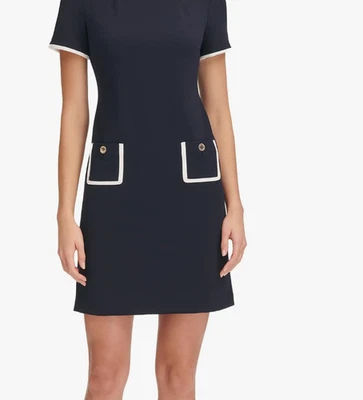 NWT Womens Tommy Hilfiger Pocket Front Short Sleeve Sheath Dress Navy White 6 - Image 1 of 3