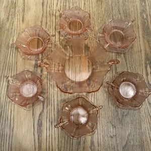 Set Of 6 Art Deco Rose Pink Glass Fruit / Dessert Bowls, Saucers And Large Bowl - Picture 1 of 8