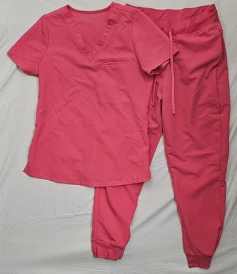 批量 3 件 Mandala Scrubs 女式小号上衣和小裤子红色粉红色套装 — 第 1/4 张图片