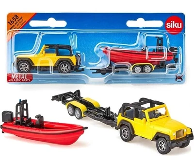 Jeep Siku 1658 con remolque para barco juguete tamaño bolsillo metal y plástico amarillo rojo Foto 1 de 4