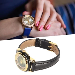 Women Wrist Watch Quartz Movement Glass Mirror Wristwatch Black PU Leather AlSA - Picture 1 of 12