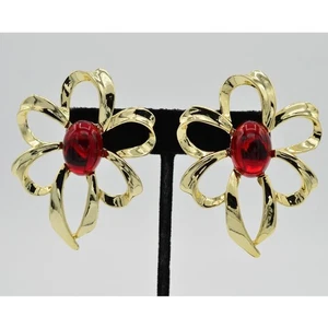 Orecchini vintage fiore cabochon oro gelatina rossa pancia oro grosso anni 80 NOS 9C - Foto 1 di 9
