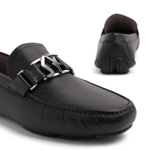 FERRAGAMO PETER BLACK LEATHER SF LOGO BUCKLE MOCCASIN LOAFERS Shoes 10 EEE - Picture 1 of 3
