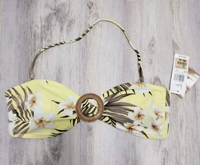 Leilani Yellow Brown Floral Halter Bikini top Swimwear Removable Pads Sz 12 New - Image 1 of 4