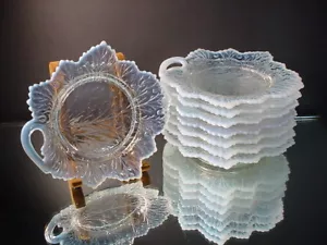 Scarce Fenton Set/ 8 Moonstone Opalescent Footed Leaf Dessert Plates Grape Leaf - Picture 1 of 8