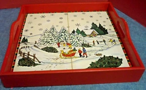 Bandeja para servir Navidad de azulejos de madera y cerámica 13" cuadrado J C Penney - Imagen 1 de 6