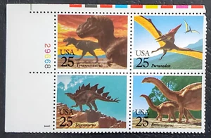US 1989 PREHISTORIC ANIMALS PLATE BLOCK OF 4 25C STAMPS, SC# 2422-2425 OG MNH XF - Picture 1 of 2