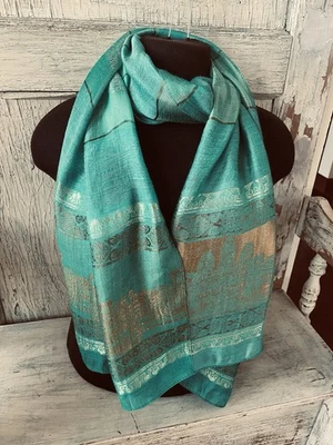 Taj Mahal Silhouette Turquoise & Gold Thread 100% Silk Rectangular Scarf - Image 1 of 4