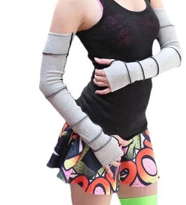 Long Cotton Patchwork Gloves Gray Arm Warmers Goth Clothing Fire Dancer Covers - Image 1 of 4