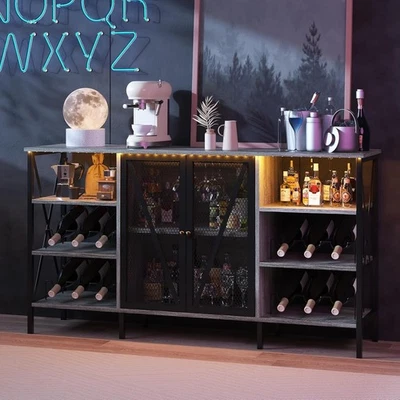 Gabinete de bar de granja de 55" con luces LED, estante para vino y soporte para vidrio, marco de metal Foto 1 de 4