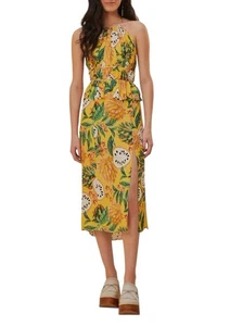 Nuevo con etiquetas Vestido Farm Rio Biriba Amarillo Sin Mangas Halter Peplum Midi Talla X-Grande - Imagen 1 de 11