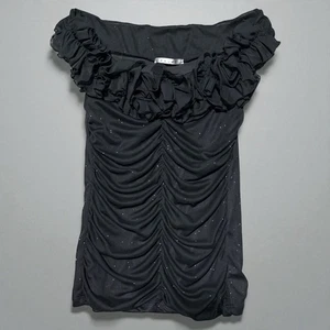Staffelei Shirt M Schulterfrei Rüschen Rüschen Schwarz Glitzer Goth Babydoll Kokette - Bild 1 von 4