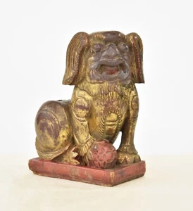 Antique Chinese Red & Gilt Wooden Carved Statue of Animal Fu Foo Dog Lion - Picture 1 of 6