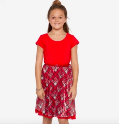 *NWT* Girls Holiday Dress JUSTICE size 6 Xmas Red Plaid Sparkly Belted Dress - Image 1 of 4