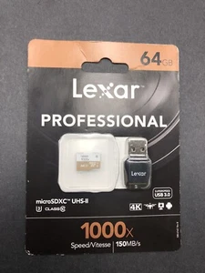 CARTE MICRO SD LEXAR PROFESSIONAL 1000x MICROSDXC 64 Go UHS-II/U3 150 Mo/S - NEUVE - Photo 1 sur 2