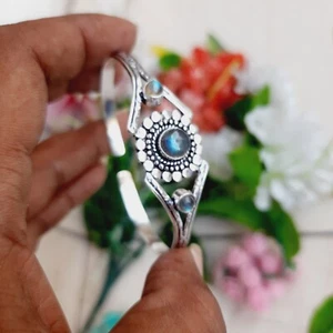 Blue Fire Labradorite Gemstone Cuff Bracelet 925 Sterling Silver Handmade Bangle - Picture 1 of 11