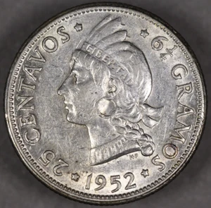 1952 Dominican Republic Silver 25 Centavos - Picture 1 of 2