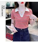 Sandro Rivers Polo Collar Striped Short Sleeved T-Shirt Pure Cotton Women's Top