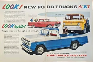 Anuncio impreso de camioneta Ford 1957 vintage de 2 páginas Camiones nuevos para 57. - Imagen 1 de 1