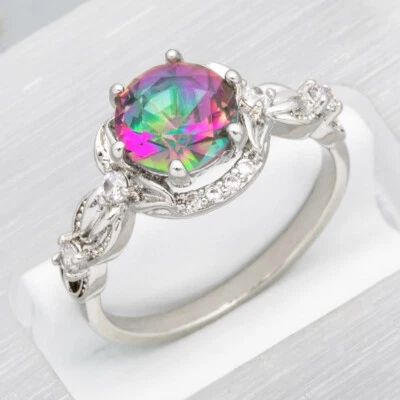 Round Simulated Rainbow Mystic Topaz CZ Silver Jewelry Women Ring Size 6 7 8 9 - Image 1 of 4
