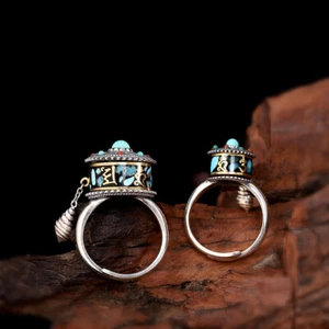 I03 Ring Gebetsrad mit 6-Wort-Mantra Silber 925 Türkis Achat verstellbar - Bild 1 von 12