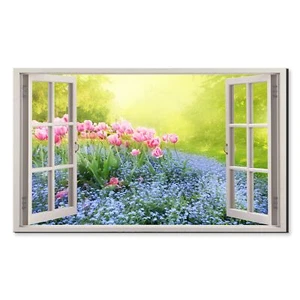 Blooming Pink Tulips Spring Flowers Window View Floral Canvas Print - Picture 1 of 7