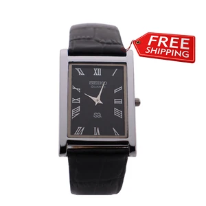 Seiko Bold Black Face Watch – Slim Vintage Men's Style on Black Leather - Picture 1 of 6
