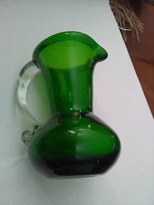 1960s Hand Blown Green Art Glass Pitcher Clear Applied Handle (4 1/2" small) - Picture 1 of 4