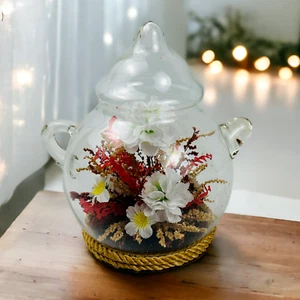 Seidenblume Blumengesteck in Teekanne Kugel Kuppel Terrarium Vintage Herbstdeko - Bild 1 von 8