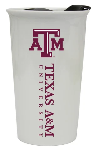 TEXAS A&M AGGIES 12OZ CERAMIC TUMBLER-TEXAS A&M TRAVEL MUG w/ LID Cover