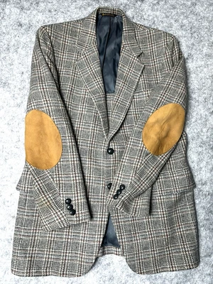 VTG 70s SAKS 5TH AVE Mens Wool Plaid Sport Coat Blazer Suede Elbow Silk Lined - Image 1 of 4