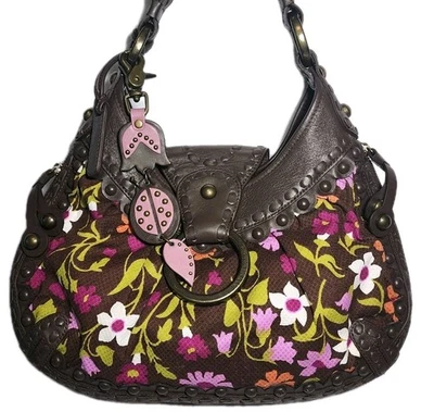 ISABELLA FIORE SWEDISH OASIS STUDDED FLORAL CANVAS AND LEATHER Y2K HANDBAG $565 - Image 1 of 4