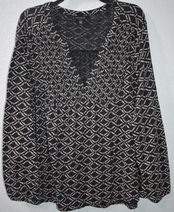 LUCKY BRAND 2X Peasant Top Black Smocked Boho Long Sleeve Lightweight V-neck - Picture 1 of 18