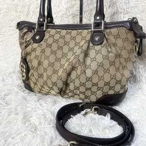 Used Gucci Sookie Canvas 2-Way Shoulder Bag Brown Leather Crossbody - Picture 1 of 24