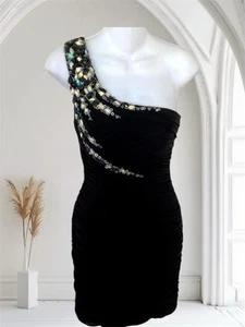 Vtg Y2K Black Ruched One Shoulder Rhinestone Gem Accented Dress Bodycon Club XS - Picture 1 of 10