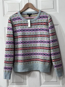 NWT J.Crew Womens Lambs Wool Sz L Sweater Pullover Grayish Blue/Multi Ornament - Picture 1 of 13
