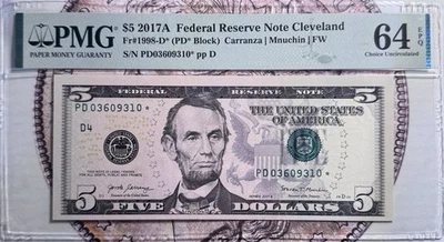 2017A 5 Dollar 🌟 FRN Cleveland  Fr# 1998 D* PMG 64 PPQ -Top Pop ( Very Rare ) - Image 1 of 4